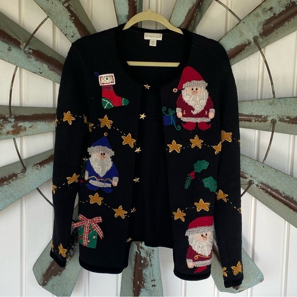 Northern Isles Sweaters - Northern Isle Christmas Cardigan Sweater Santa Stars Black - Size Medium